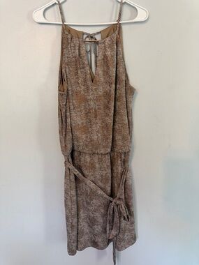 White House Black Market Taupe Brown/Copper Printed Tie-Waist Mini Dress